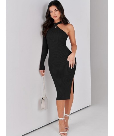 Women 2023 Fall Sweater Dress Sexy One Shoulder Long Sleeve Ribbed Knit Side Slit Bodycon Midi Dresses Black $10.19 Sweaters