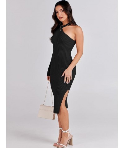 Women 2023 Fall Sweater Dress Sexy One Shoulder Long Sleeve Ribbed Knit Side Slit Bodycon Midi Dresses Black $10.19 Sweaters