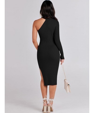 Women 2023 Fall Sweater Dress Sexy One Shoulder Long Sleeve Ribbed Knit Side Slit Bodycon Midi Dresses Black $10.19 Sweaters