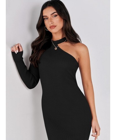 Women 2023 Fall Sweater Dress Sexy One Shoulder Long Sleeve Ribbed Knit Side Slit Bodycon Midi Dresses Black $10.19 Sweaters