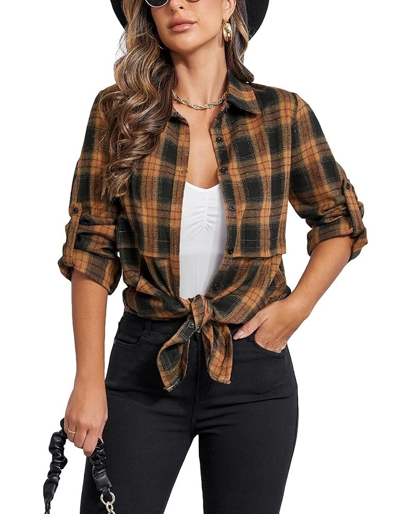 Women's Shacket Jacket Women Long Plaid Shirts Fall Flannel Shirts Cotton Roll Up Long Sleeve Casual Boyfriend Blouse Black a...