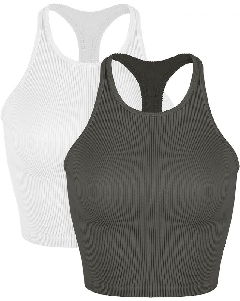 Women's Crop 3-Pack Washed Seamless Rib-Knit Camisole Crop Tank Tops White+charcoal (Tank) $13.59 Tanks