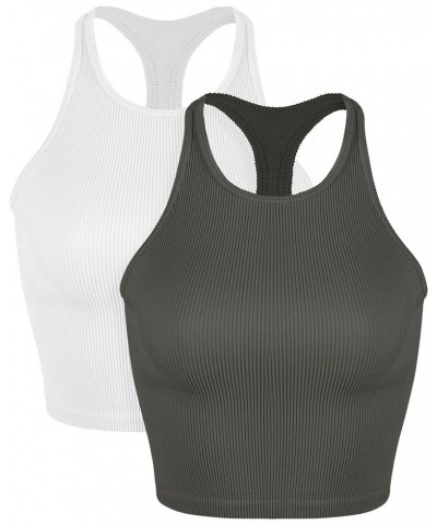 Women's Crop 3-Pack Washed Seamless Rib-Knit Camisole Crop Tank Tops White+charcoal (Tank) $13.59 Tanks