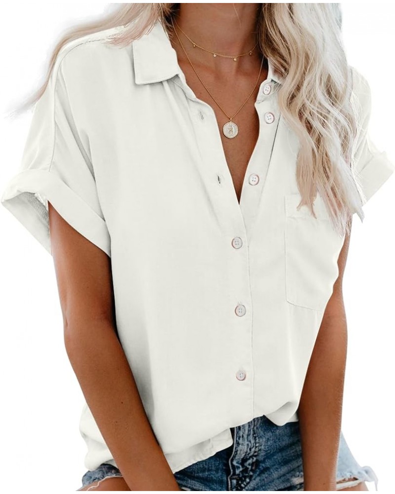 Womens 100% Cotton Short Sleeve Button Down Shirts for Women Casual Shirt Blouses Tops with Pockets Ksh002_white $20.87 Blouses