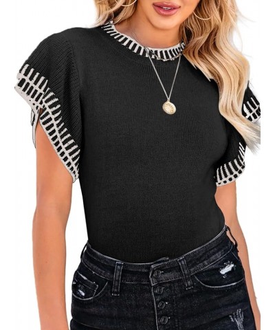 Womens Short Sleeve Sweaters Tops Summer Ruffle Striped Loose Crew Neck Lightweight Soft Shirts Knit Sweater Black $18.54 Swe...