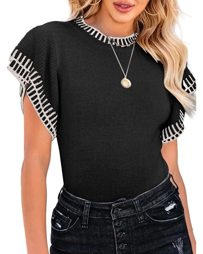 Womens Short Sleeve Sweaters Tops Summer Ruffle Striped Loose Crew Neck Lightweight Soft Shirts Knit Sweater Black $18.54 Swe...