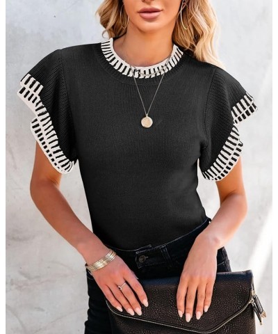 Womens Short Sleeve Sweaters Tops Summer Ruffle Striped Loose Crew Neck Lightweight Soft Shirts Knit Sweater Black $18.54 Swe...