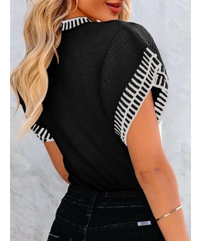 Womens Short Sleeve Sweaters Tops Summer Ruffle Striped Loose Crew Neck Lightweight Soft Shirts Knit Sweater Black $18.54 Swe...