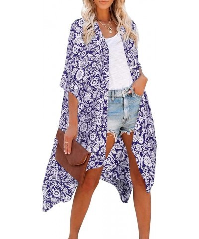 Women's Kimono Cardigan Summer Swimsuit Coverups Beach Cover Up with Floral Print for Vacation Navy Print $16.78 Swimsuits