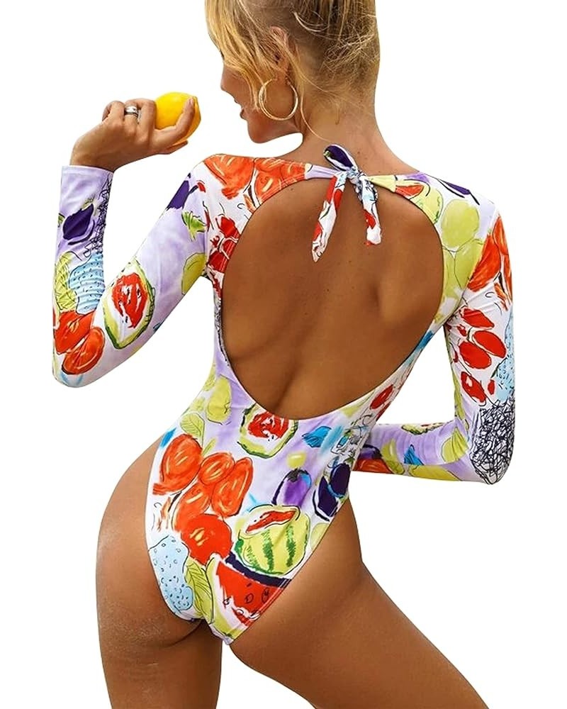 Women Long Sleeve Rash Guard, Backless Floral Print One Piece Bathing Suit UPF 50+ Surfing Swimsuit Ap01 $18.89 Swimsuits