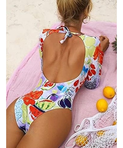 Women Long Sleeve Rash Guard, Backless Floral Print One Piece Bathing Suit UPF 50+ Surfing Swimsuit Ap01 $18.89 Swimsuits