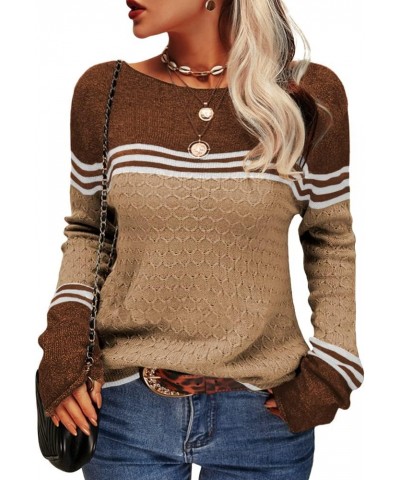 Women Autumn Winter Colorblock Pullover Sweaters Round Neck Striped Slim Fitting Knitwear Tops Khaki $16.79 Sweaters