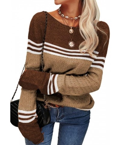 Women Autumn Winter Colorblock Pullover Sweaters Round Neck Striped Slim Fitting Knitwear Tops Khaki $16.79 Sweaters