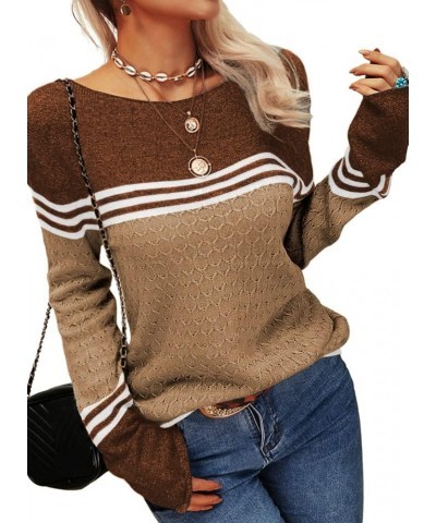 Women Autumn Winter Colorblock Pullover Sweaters Round Neck Striped Slim Fitting Knitwear Tops Khaki $16.79 Sweaters