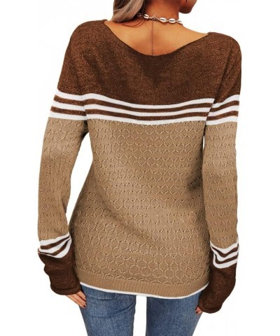 Women Autumn Winter Colorblock Pullover Sweaters Round Neck Striped Slim Fitting Knitwear Tops Khaki $16.79 Sweaters