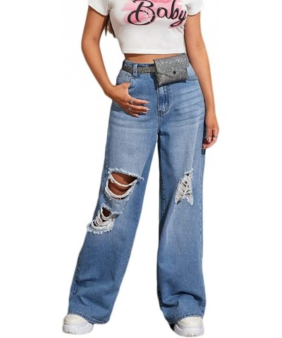 Distressed Boyfriend Jeans for Women High Waist Straight Leg Loose Destroyed Ripped Denim Pants for Teen Girl Juniors P Blue ...