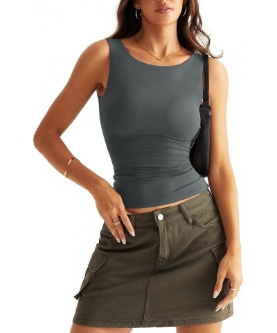 Women Backless Boat Neck Tops Double Lined Sleeveless Tank Tops Basic Fitted T Shirts 2024 Grey $14.55 Tanks