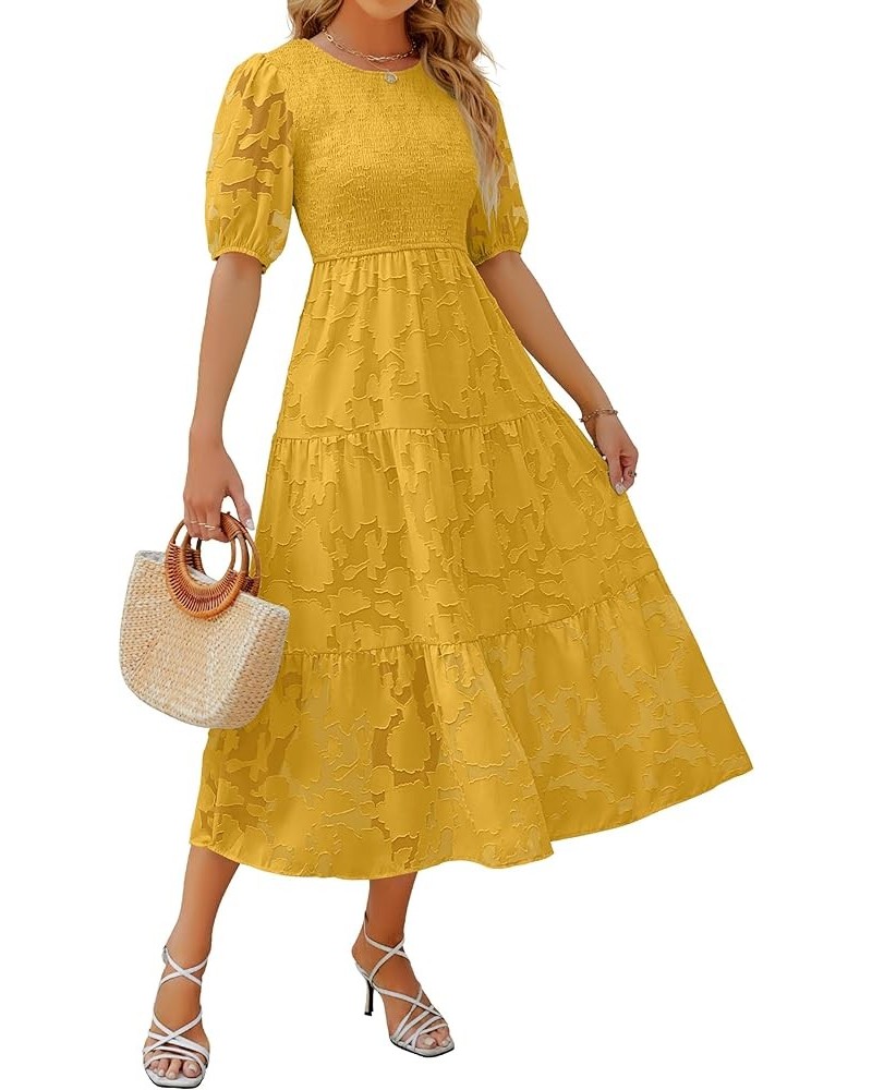 Women's 2024 Summer Short Puff Sleeve Crewneck Smocked Floral Lace Flowy A Line Tiered Maxi Dresses Ginger $34.79 Dresses