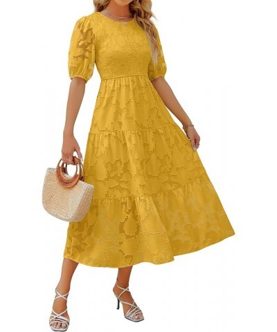 Women's 2024 Summer Short Puff Sleeve Crewneck Smocked Floral Lace Flowy A Line Tiered Maxi Dresses Ginger $34.79 Dresses