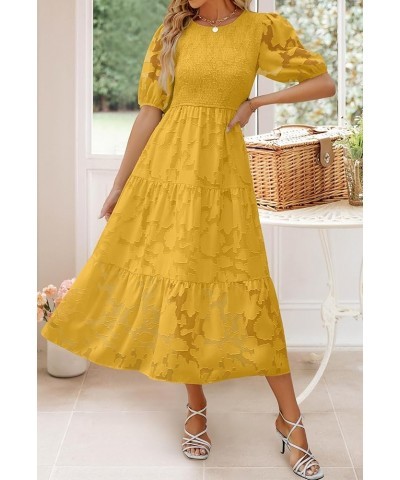 Women's 2024 Summer Short Puff Sleeve Crewneck Smocked Floral Lace Flowy A Line Tiered Maxi Dresses Ginger $34.79 Dresses