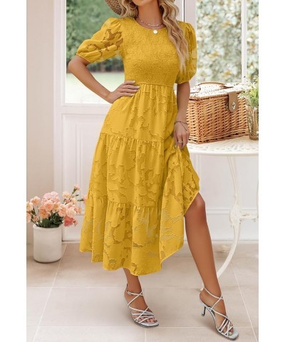 Women's 2024 Summer Short Puff Sleeve Crewneck Smocked Floral Lace Flowy A Line Tiered Maxi Dresses Ginger $34.79 Dresses