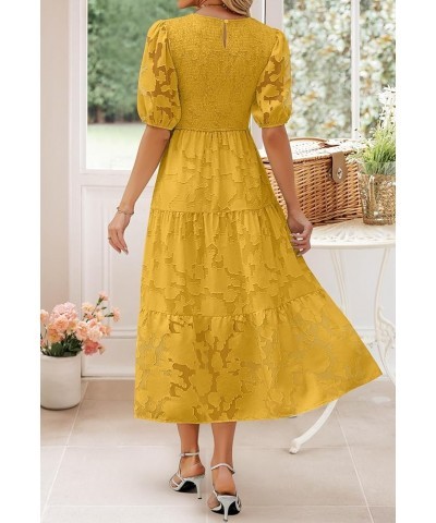 Women's 2024 Summer Short Puff Sleeve Crewneck Smocked Floral Lace Flowy A Line Tiered Maxi Dresses Ginger $34.79 Dresses