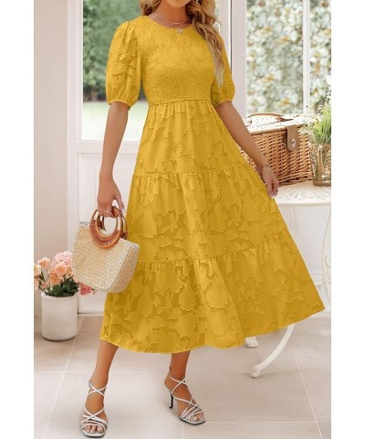 Women's 2024 Summer Short Puff Sleeve Crewneck Smocked Floral Lace Flowy A Line Tiered Maxi Dresses Ginger $34.79 Dresses