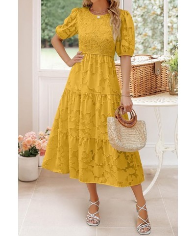 Women's 2024 Summer Short Puff Sleeve Crewneck Smocked Floral Lace Flowy A Line Tiered Maxi Dresses Ginger $34.79 Dresses