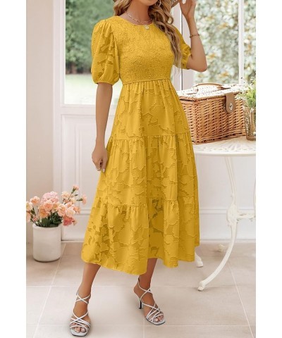 Women's 2024 Summer Short Puff Sleeve Crewneck Smocked Floral Lace Flowy A Line Tiered Maxi Dresses Ginger $34.79 Dresses