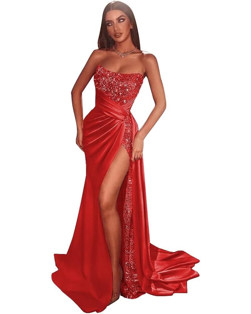 Glitter Sequin Prom Dresses Mermaid Satin Bridesmaid Dress Sparkly Stretch Long Formal Wedding Gown with Slit Red $34.50 Dresses