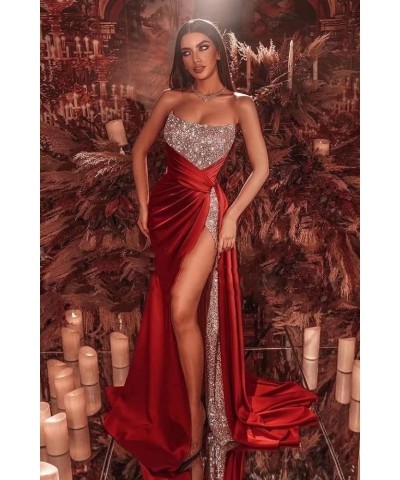 Glitter Sequin Prom Dresses Mermaid Satin Bridesmaid Dress Sparkly Stretch Long Formal Wedding Gown with Slit Red $34.50 Dresses