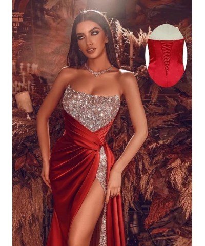 Glitter Sequin Prom Dresses Mermaid Satin Bridesmaid Dress Sparkly Stretch Long Formal Wedding Gown with Slit Red $34.50 Dresses