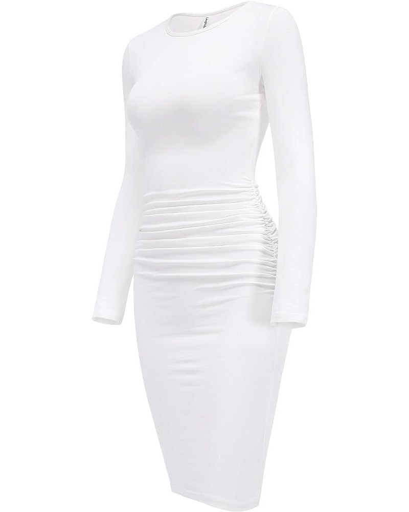 Women's Casual Long Sleeve Ruched Bodycon Dress Knee Length Fitted Dresses White01 $16.80 Dresses