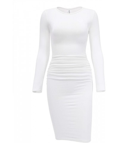 Women's Casual Long Sleeve Ruched Bodycon Dress Knee Length Fitted Dresses White01 $16.80 Dresses