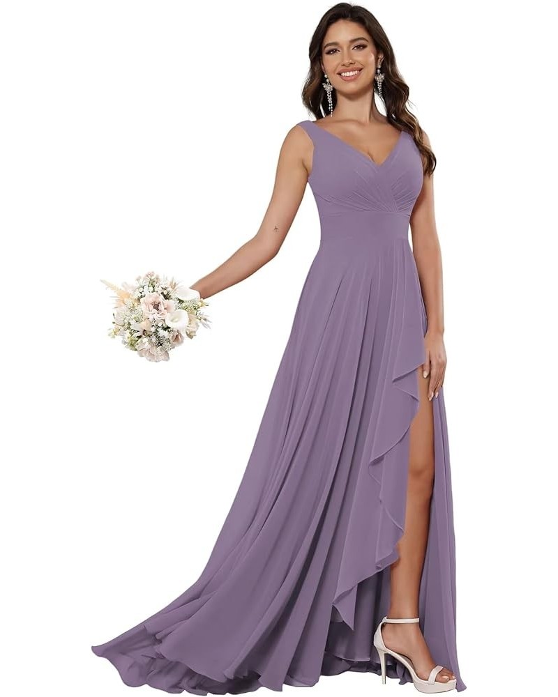 Women's V Neck Bridesmaid Dresses Long with Slit Ruffle A Line Chiffon Formal Evening Dress with Pockets VS039 Wisteria $29.6...