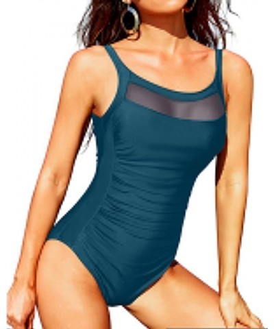 Women One Piece Mesh Swimsuits Vintage Tummy Control Swimwear Deep Green $19.00 Swimsuits