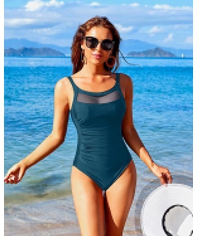 Women One Piece Mesh Swimsuits Vintage Tummy Control Swimwear Deep Green $19.00 Swimsuits