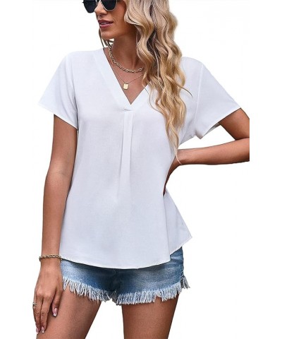 Women Dressy V Neck Business Casual Pleated Blouse Tshirt B White $11.79 Blouses