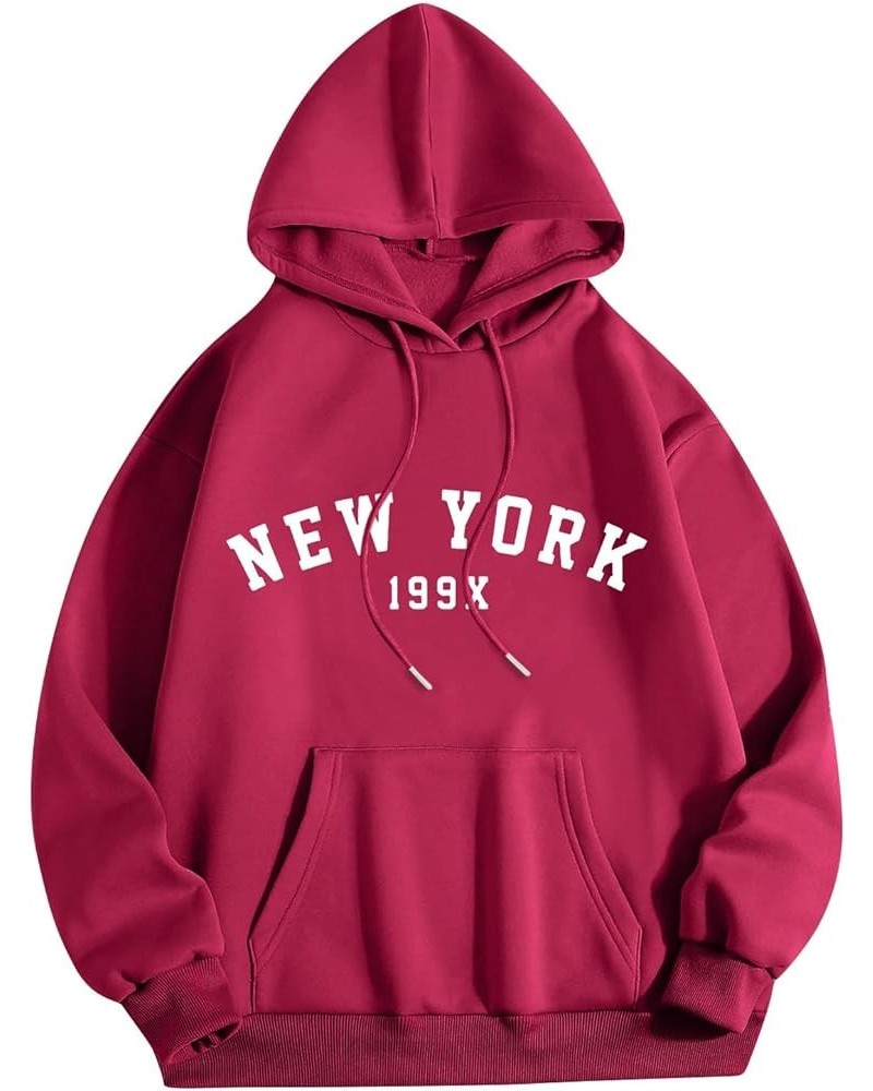 New York Women Hoodies Pocket Top Solid Color Sweatshirt Hoodie Pullover T Shirts 2023 Comfort College Sweatshirts Red-a $15....