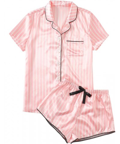 Women's Satin Sleepwear Short Sleeve Button Shirt and Shorts Pajama Set Silky PJ Pink $18.71 Sleep & Lounge