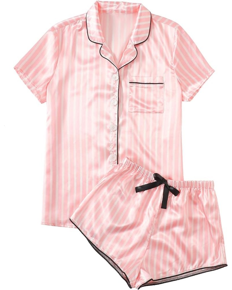 Women's Satin Sleepwear Short Sleeve Button Shirt and Shorts Pajama Set Silky PJ Pink $18.71 Sleep & Lounge