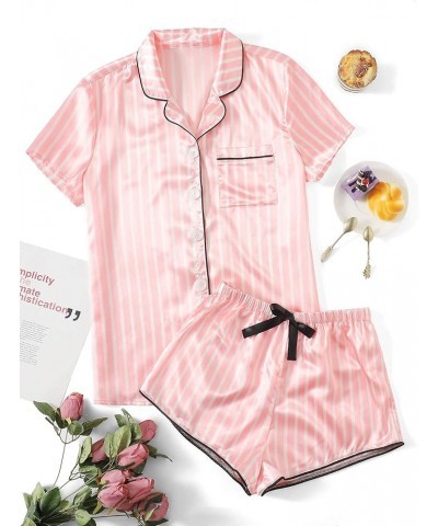 Women's Satin Sleepwear Short Sleeve Button Shirt and Shorts Pajama Set Silky PJ Pink $18.71 Sleep & Lounge