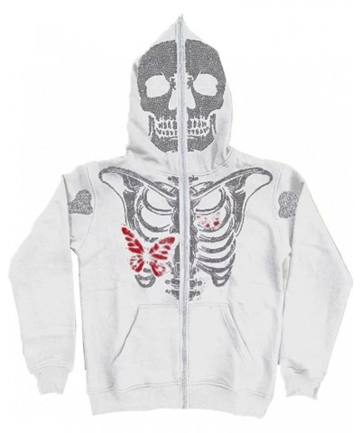 Y2k Skeleton Full Zip Up Hoodies Women Men Rhinestone Skull Graphic Print Sweatshirt Gothic Oversized Jackets Q-butterfly Whi...