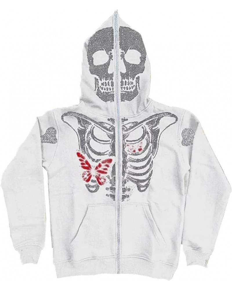 Y2k Skeleton Full Zip Up Hoodies Women Men Rhinestone Skull Graphic Print Sweatshirt Gothic Oversized Jackets Q-butterfly Whi...