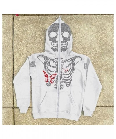 Y2k Skeleton Full Zip Up Hoodies Women Men Rhinestone Skull Graphic Print Sweatshirt Gothic Oversized Jackets Q-butterfly Whi...