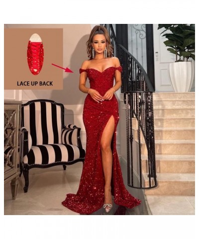 Women's Off Shoulder Mermaid Prom Dresses 2024 Long Sequin Formal Evening Gowns with Slit Purple $45.36 Dresses