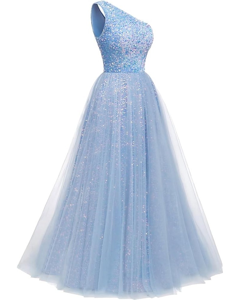 One Shoulder Sequins Prom Dresses 2024 Long A-Line Tulle Sparkly Formal Evening Dresses Ball Gowns for Women Sky Blue $36.12 ...