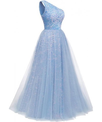 One Shoulder Sequins Prom Dresses 2024 Long A-Line Tulle Sparkly Formal Evening Dresses Ball Gowns for Women Sky Blue $36.12 ...