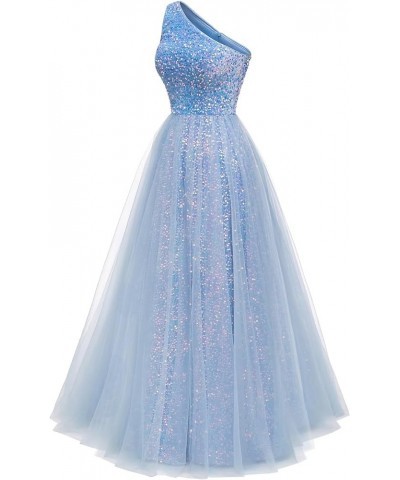 One Shoulder Sequins Prom Dresses 2024 Long A-Line Tulle Sparkly Formal Evening Dresses Ball Gowns for Women Sky Blue $36.12 ...