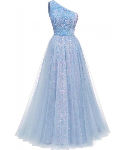 One Shoulder Sequins Prom Dresses 2024 Long A-Line Tulle Sparkly Formal Evening Dresses Ball Gowns for Women Sky Blue $36.12 ...